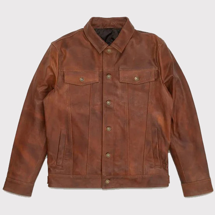 Classic Men's Goatskin Trucker Leather Jacket in Plain Brown - AMSEL LEATHERS