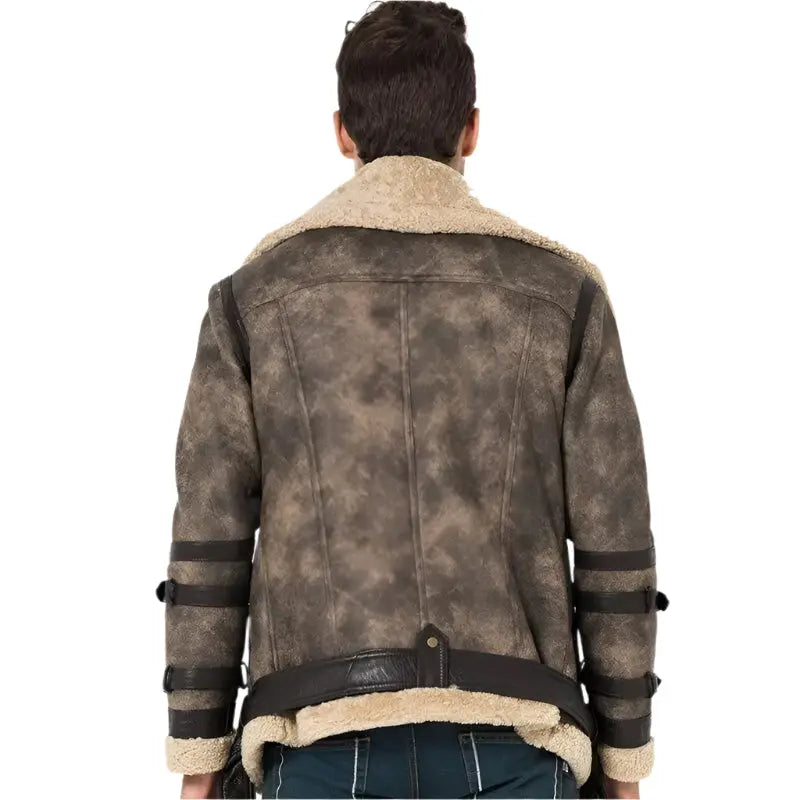 Men's Gray Shearling Flight Jacket - Motorcycle Fur Coat - AMSEL LEATHERS