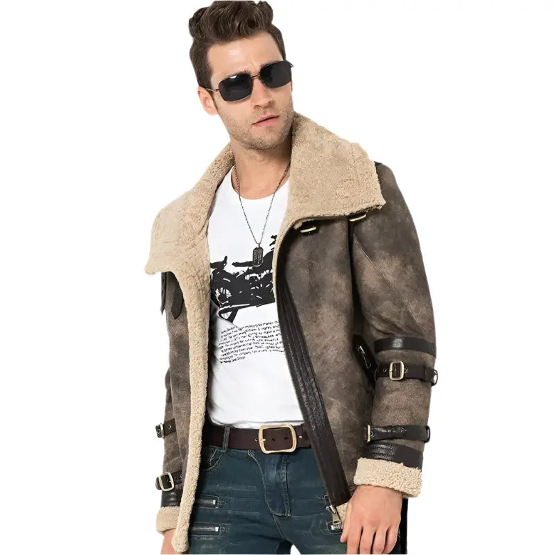 Men's Gray Shearling Flight Jacket - Motorcycle Fur Coat - AMSEL LEATHERS