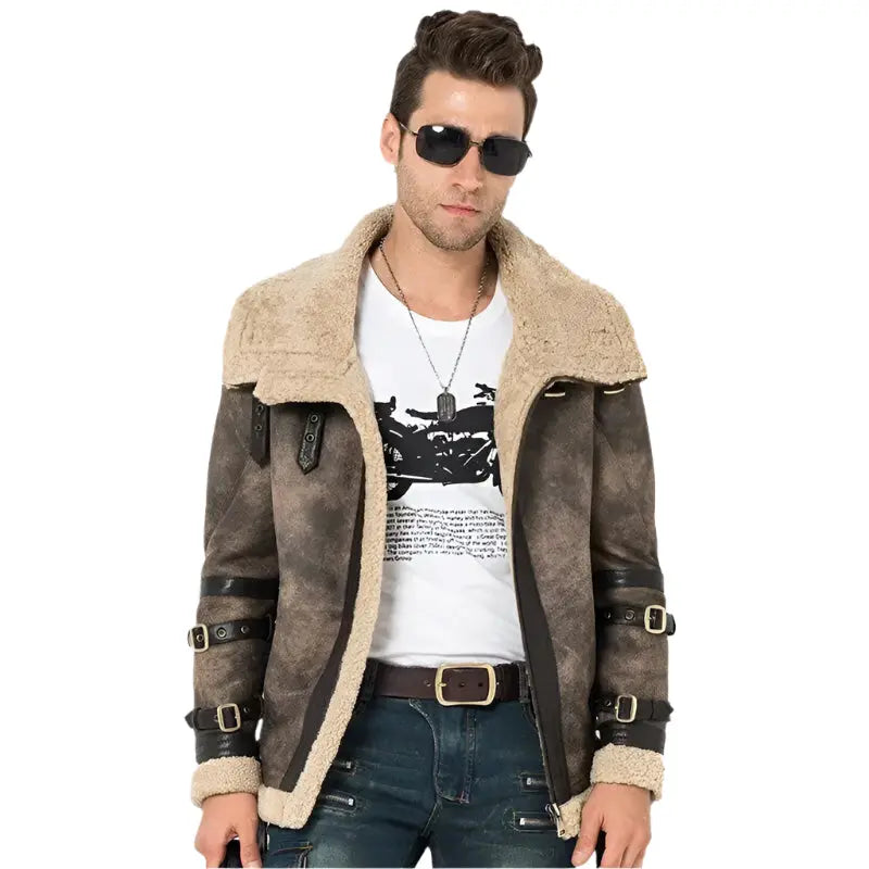 Men's Gray Shearling Flight Jacket - Motorcycle Fur Coat - AMSEL LEATHERS