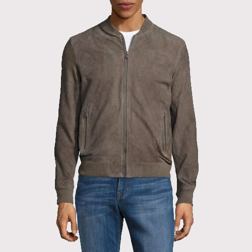 Men's Gray Suede Leather Bomber Jacket - AMSEL LEATHERS