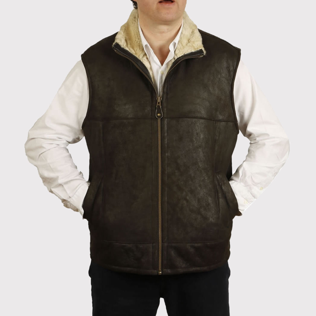 Men's Greenish Sheepskin Leather Gilet - AMSEL LEATHERS