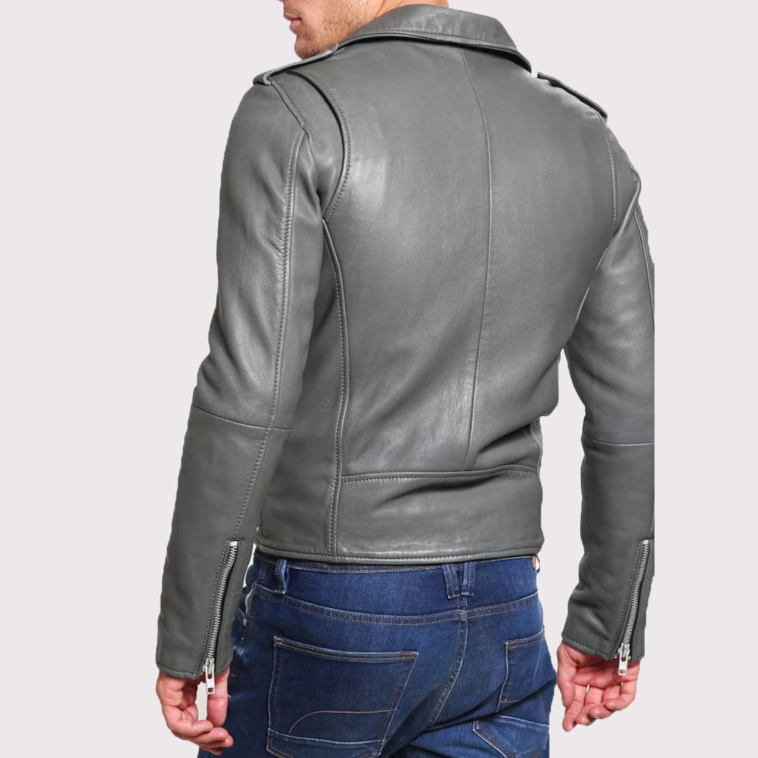 Men's Grey Tailored Motorcycle Biker Leather Jacket - AMSEL LEATHERS