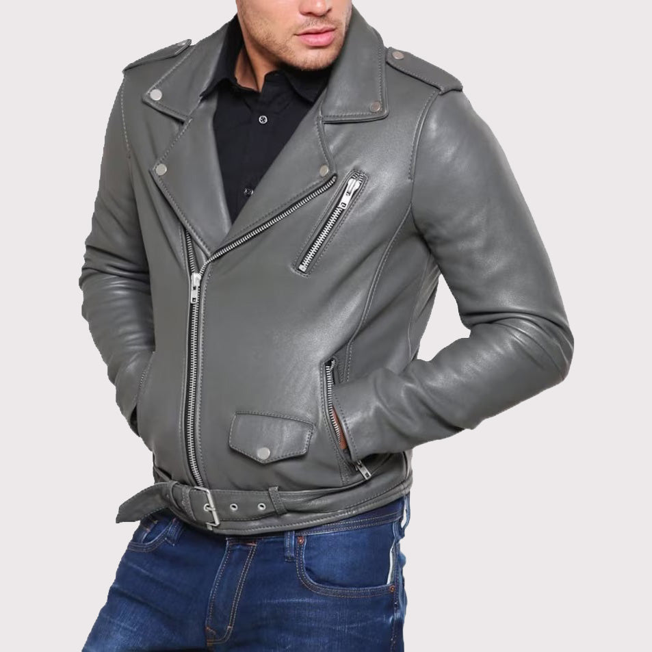 Men's Grey Tailored Motorcycle Biker Leather Jacket - AMSEL LEATHERS