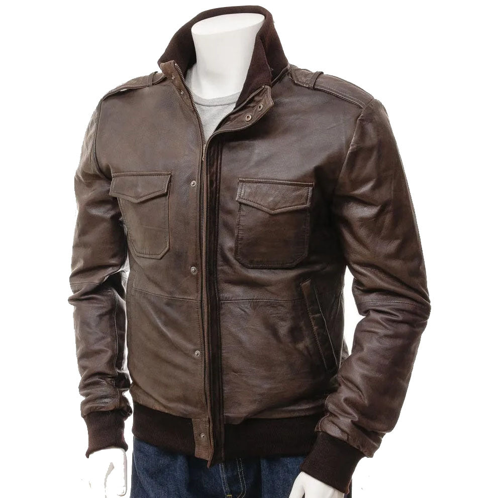 Men's Handmade Brown Leather Biker Bomber Jacket - AMSEL LEATHERS