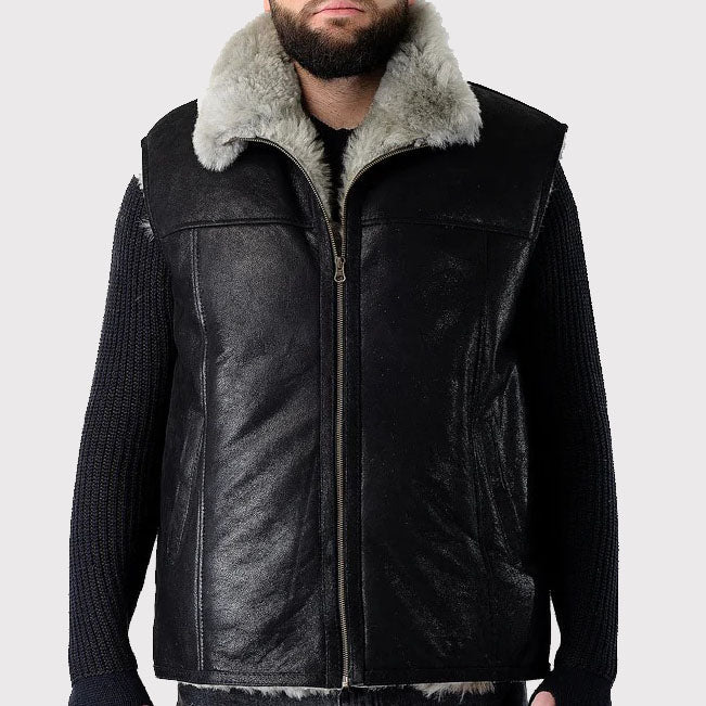 Men's Handmade Sleeveless Sheepskin Vest in Black - AMSEL LEATHERS