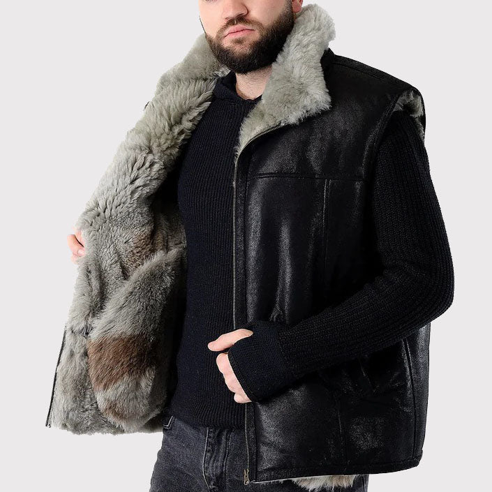 Men's Handmade Sleeveless Sheepskin Vest in Black - AMSEL LEATHERS