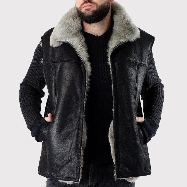 Men's Handmade Sleeveless Sheepskin Vest in Black - AMSEL LEATHERS