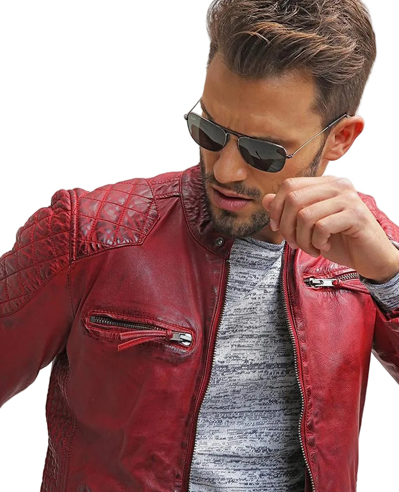 men's red quilted leather leather jacket dorian detail close up