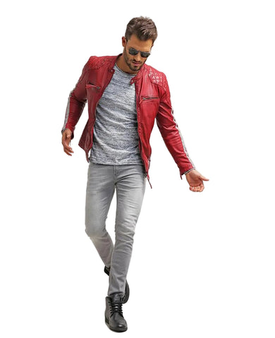 men's red quilted leather leather jacket dorian side angle