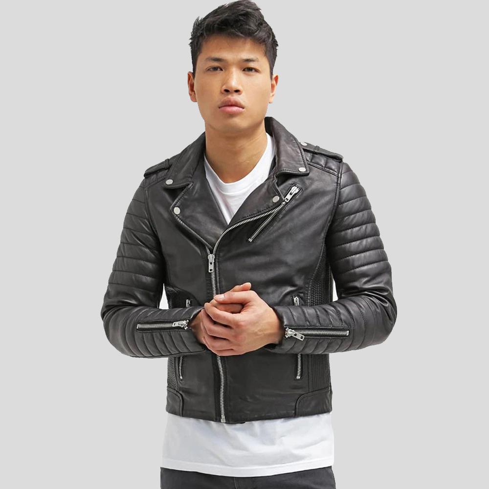men's black quilted leather leather jacket marek front view