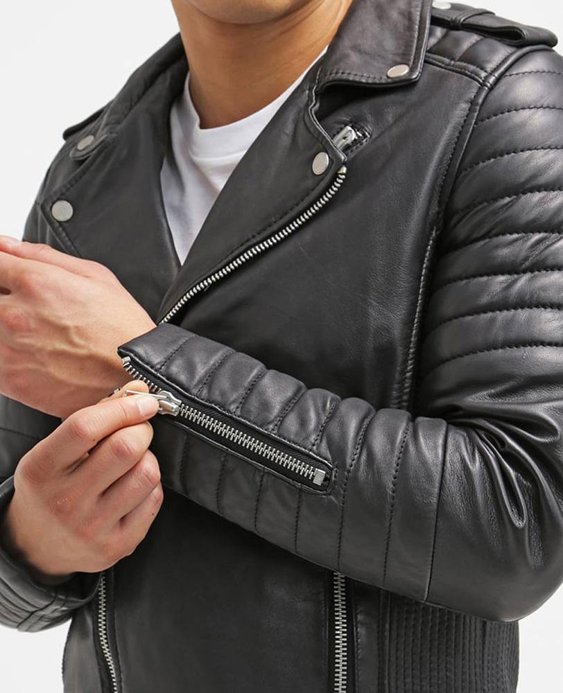 men's black quilted leather leather jacket marek detail close up