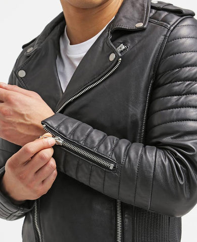men's black quilted leather leather jacket marek detail close up