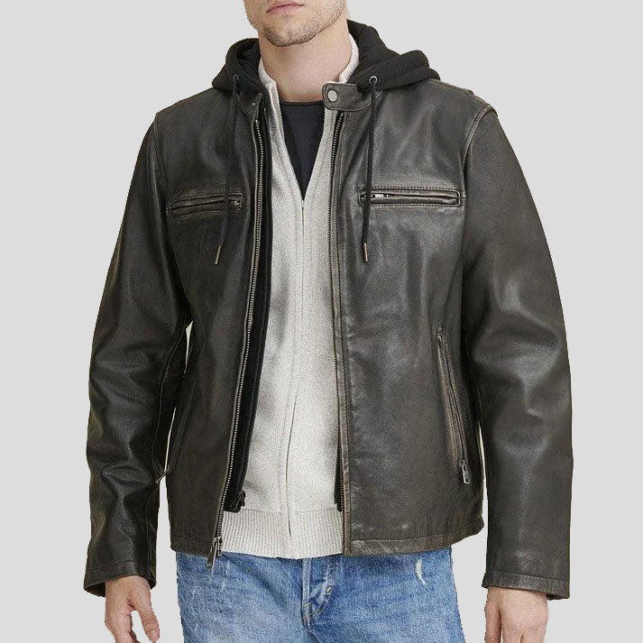 Hooded Biker Leather Jacket For Men - AMSEL LEATHERS