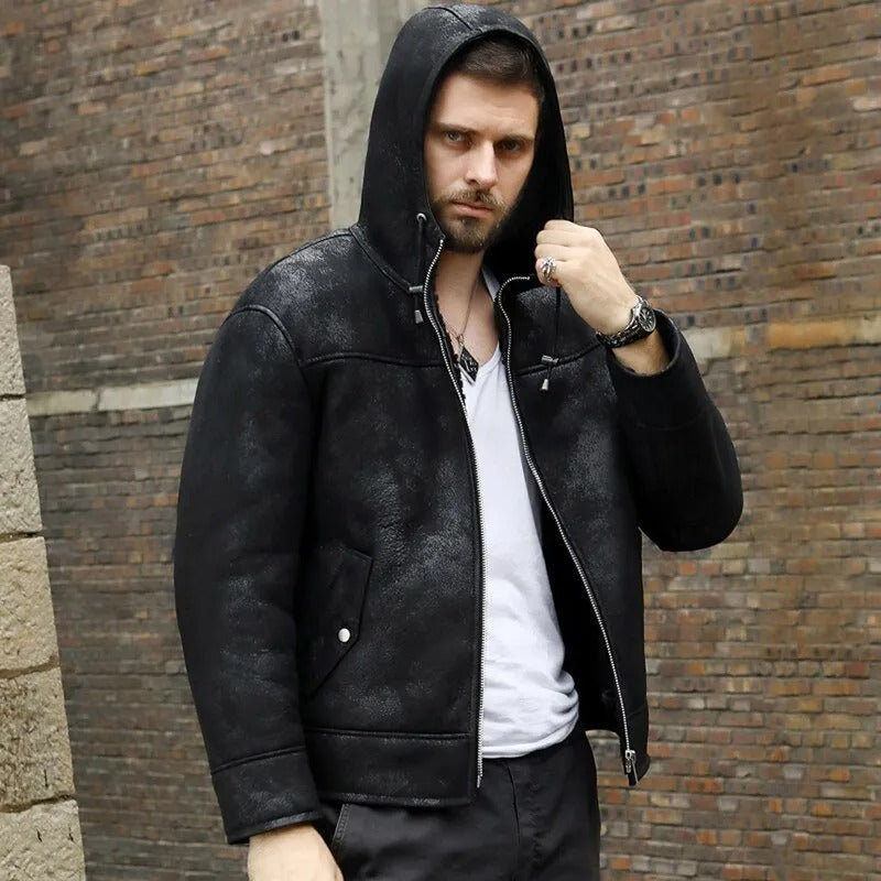 Men's Hooded Black B3 Shearling Winter Jacket - AMSEL LEATHERS