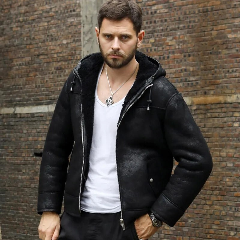 Men's Hooded Black B3 Shearling Winter Jacket - AMSEL LEATHERS