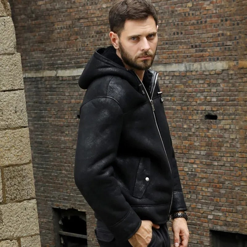 Men's Hooded Black B3 Shearling Winter Jacket - AMSEL LEATHERS