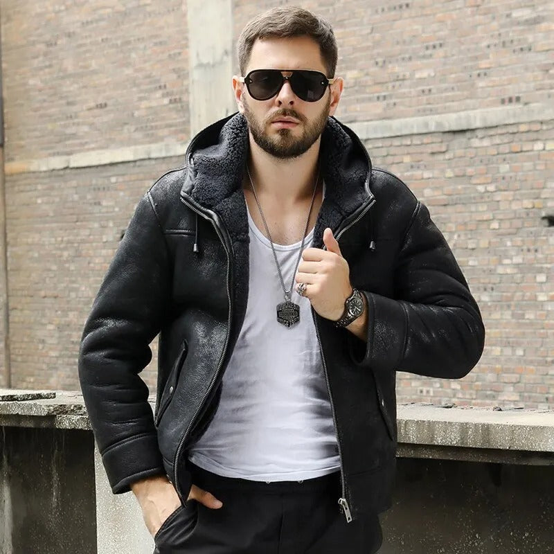 Men's Hooded Black B3 Shearling Winter Jacket - AMSEL LEATHERS