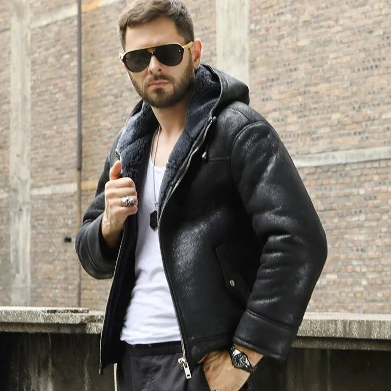 Men's Hooded Black B3 Shearling Winter Jacket - AMSEL LEATHERS