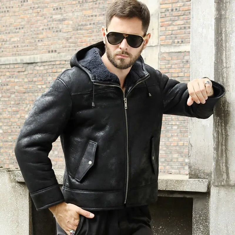 Men's Hooded Black B3 Shearling Winter Jacket - AMSEL LEATHERS