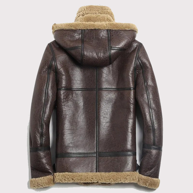 Men's Hooded Brown Shearling Aviator Jacket - B-3 Sheepskin Coat - AMSEL LEATHERS