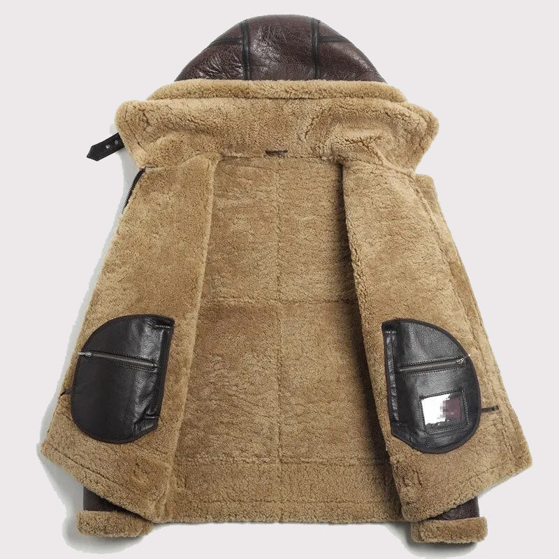 Men's Hooded Brown Shearling Aviator Jacket - B-3 Sheepskin Coat - AMSEL LEATHERS