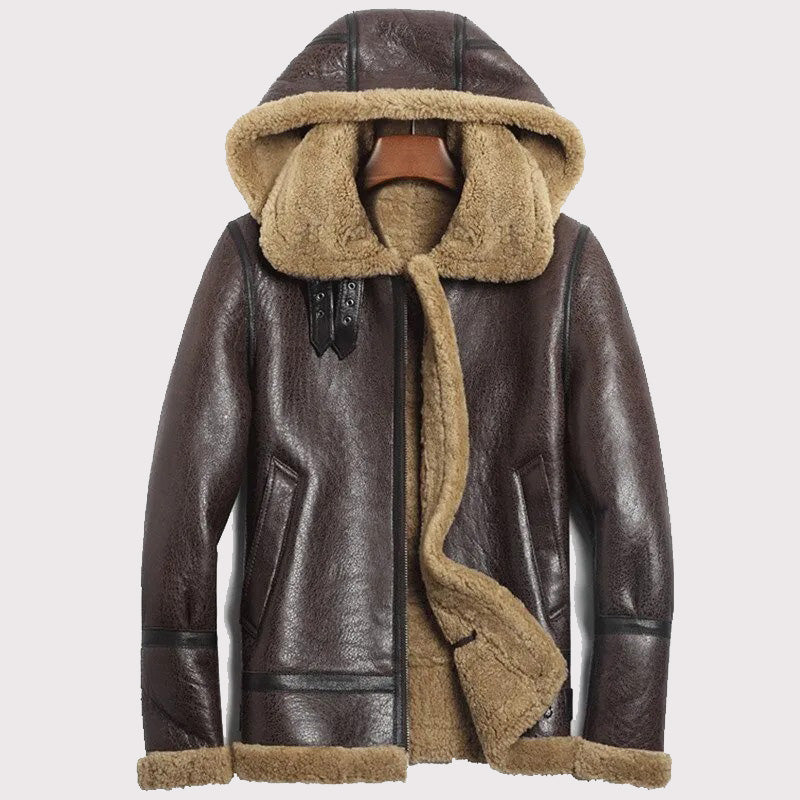 Men's Hooded Brown Shearling Aviator Jacket - B-3 Sheepskin Coat - AMSEL LEATHERS