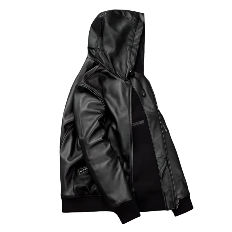 Men's Hooded Leather Motorcycle Bomber Jacket - AMSEL LEATHERS