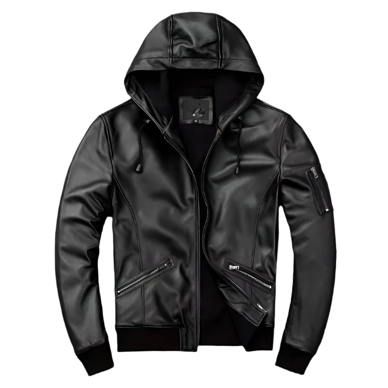 Men's Hooded Leather Motorcycle Bomber Jacket - AMSEL LEATHERS