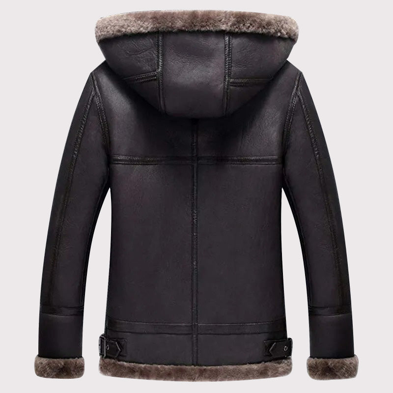 Men's Hooded Shearling Flight Jacket - Warm Sheepskin Aviator Coat - AMSEL LEATHERS