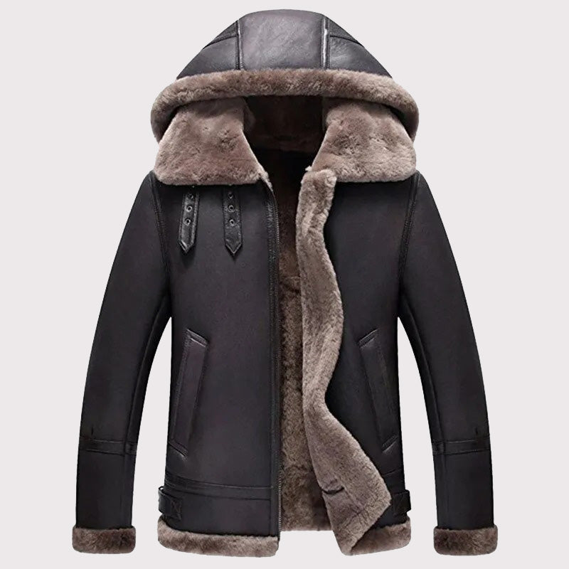 Men's Hooded Shearling Flight Jacket - Warm Sheepskin Aviator Coat - AMSEL LEATHERS