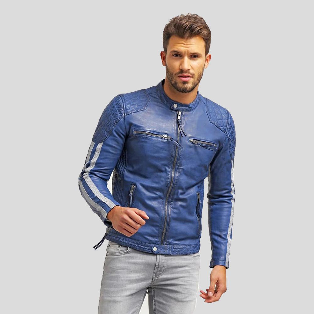 • blue quilted leather jacket mens front view
