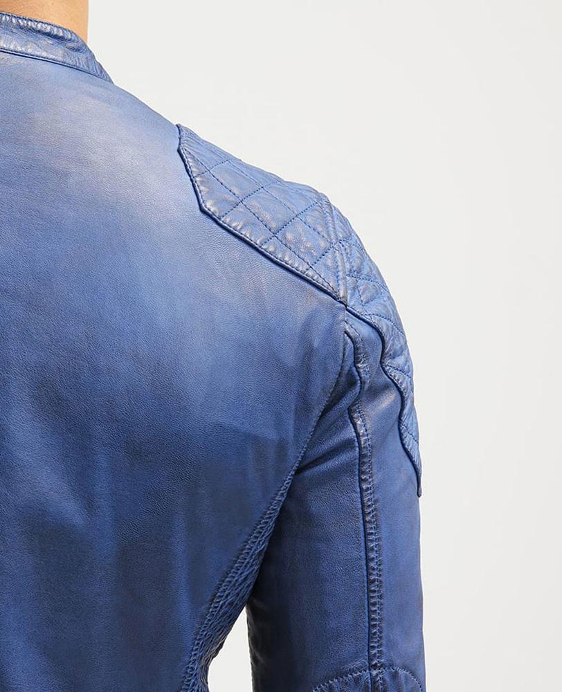 • mandarin collar leather jacket detail close up
