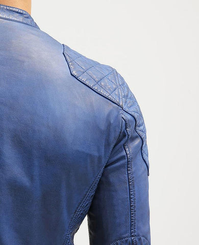 • mandarin collar leather jacket detail close up

