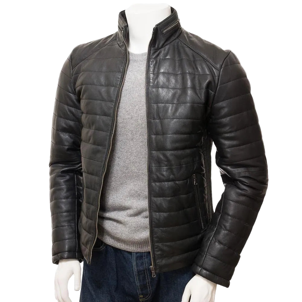 men's black quilted leather leather jacket lucien front view