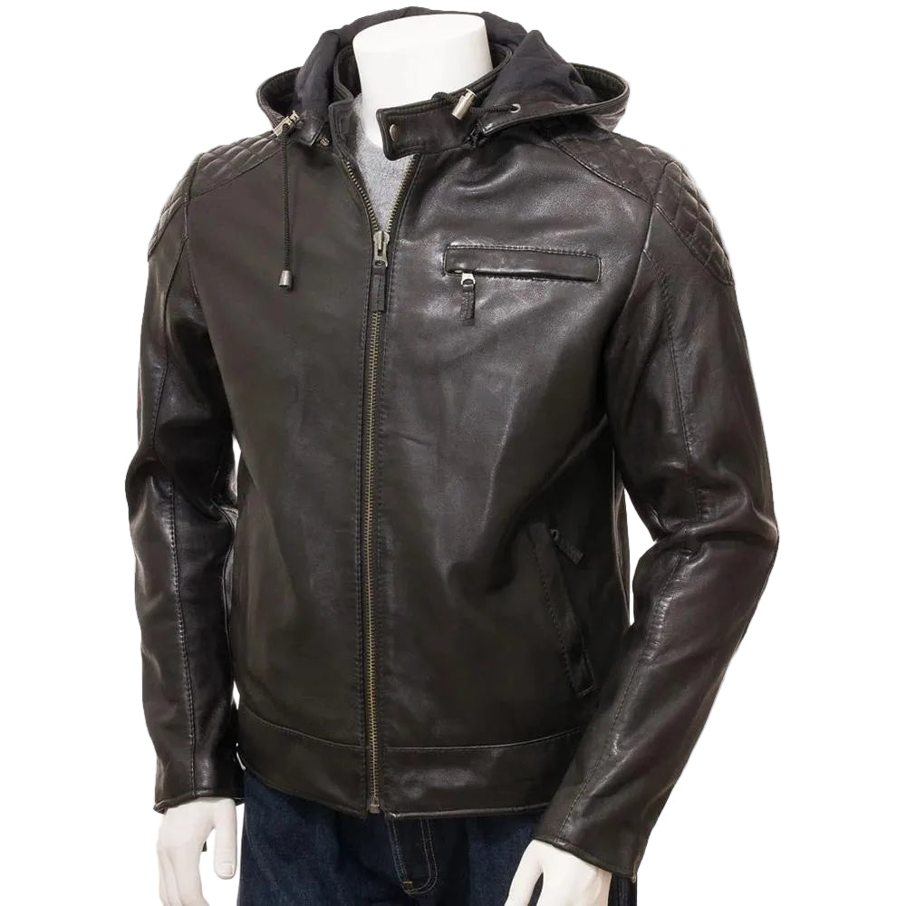 • black hooded leather jacket mens front view
