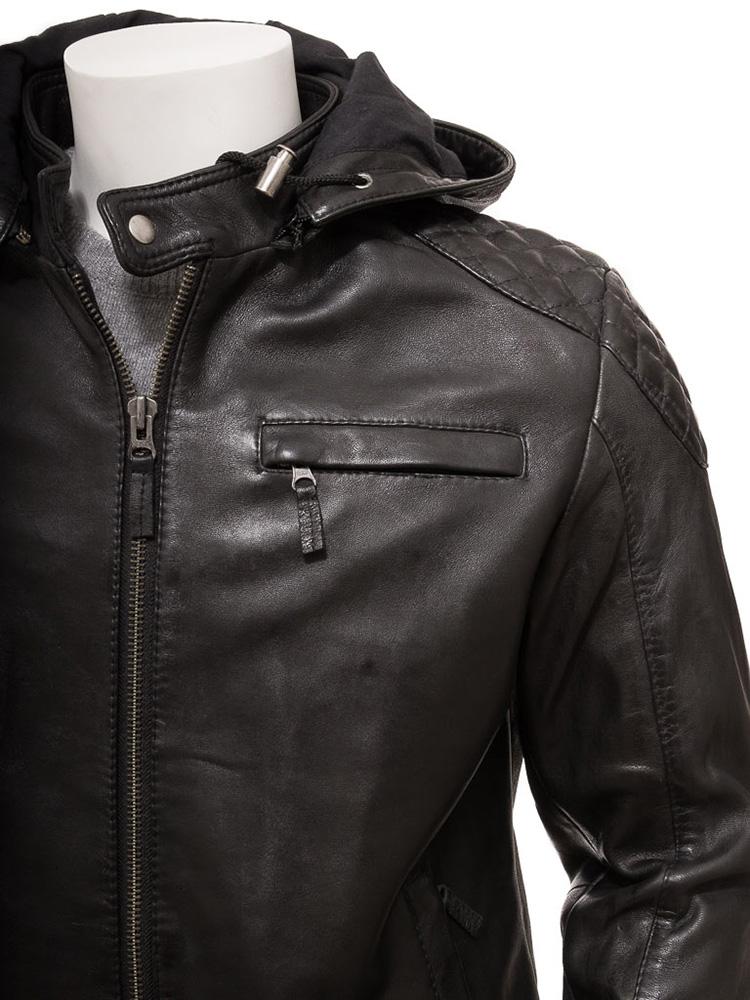 • hooded leather jacket zipper detail close up
