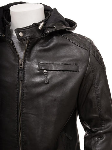 • hooded leather jacket zipper detail close up
