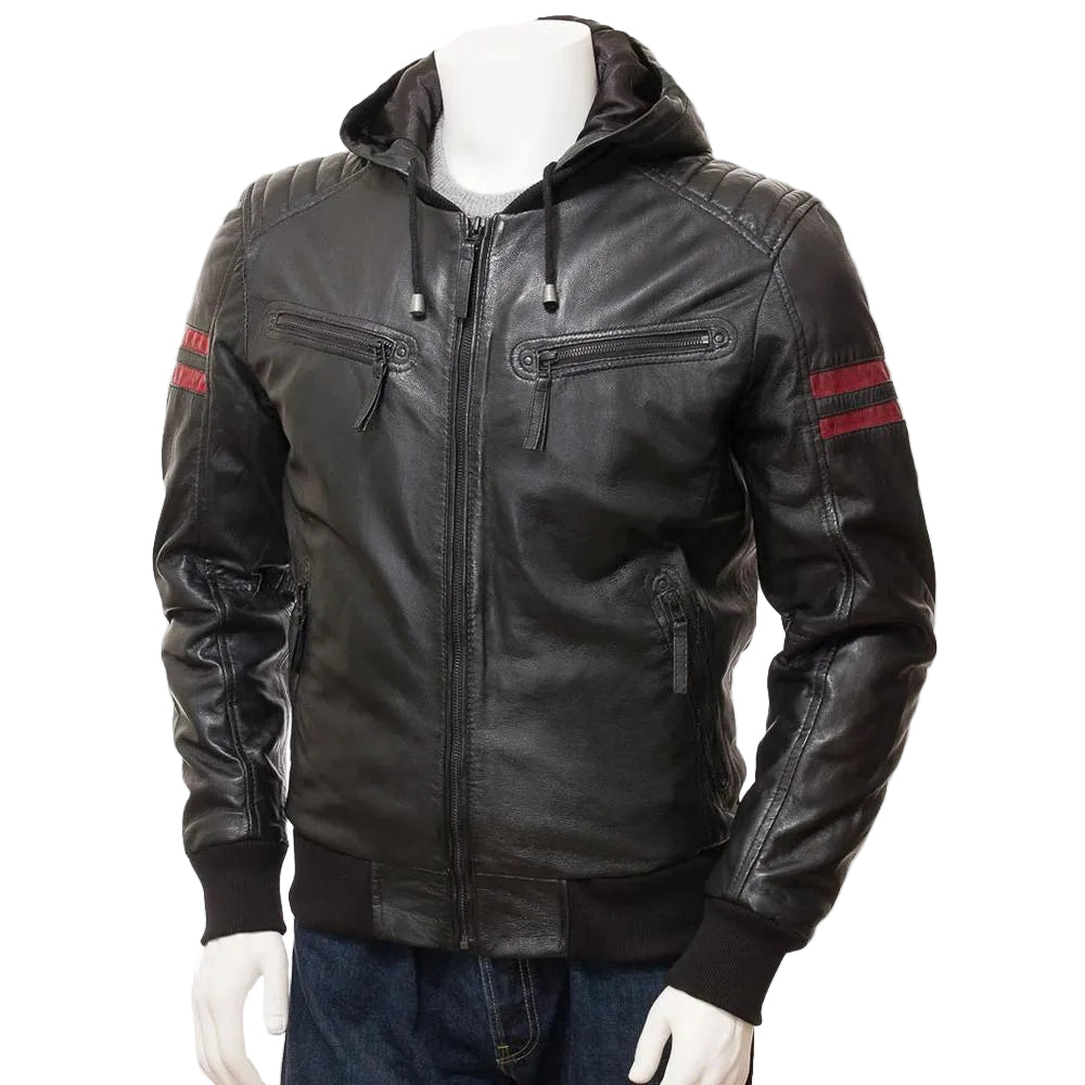 men's black hooded lambskin leather bomber jacket leif front view