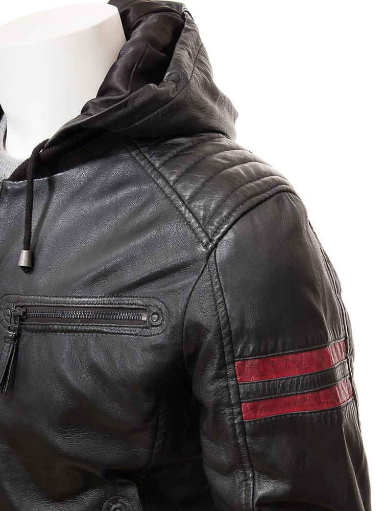 men's black hooded lambskin leather bomber jacket leif side angle