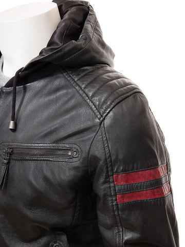 men's black hooded lambskin leather bomber jacket leif side angle