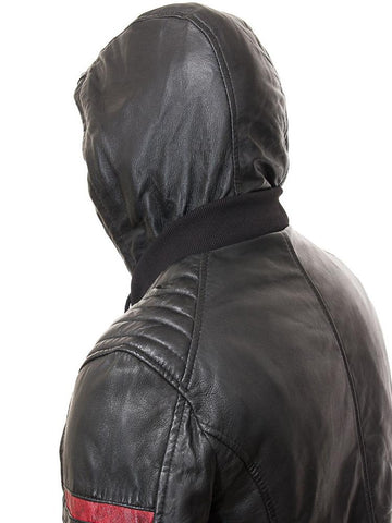 men's black hooded lambskin leather bomber jacket leif back view
