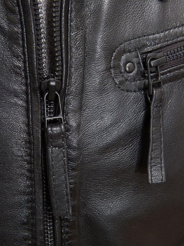 men's black hooded lambskin leather bomber jacket leif detail close up