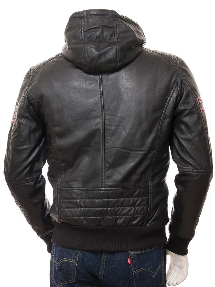 men's black hooded lambskin leather bomber jacket leif texture detail