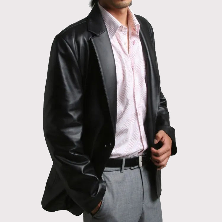 Men's Soft Lambskin Leather Blazer Coat - One Button Closure - AMSEL LEATHERS