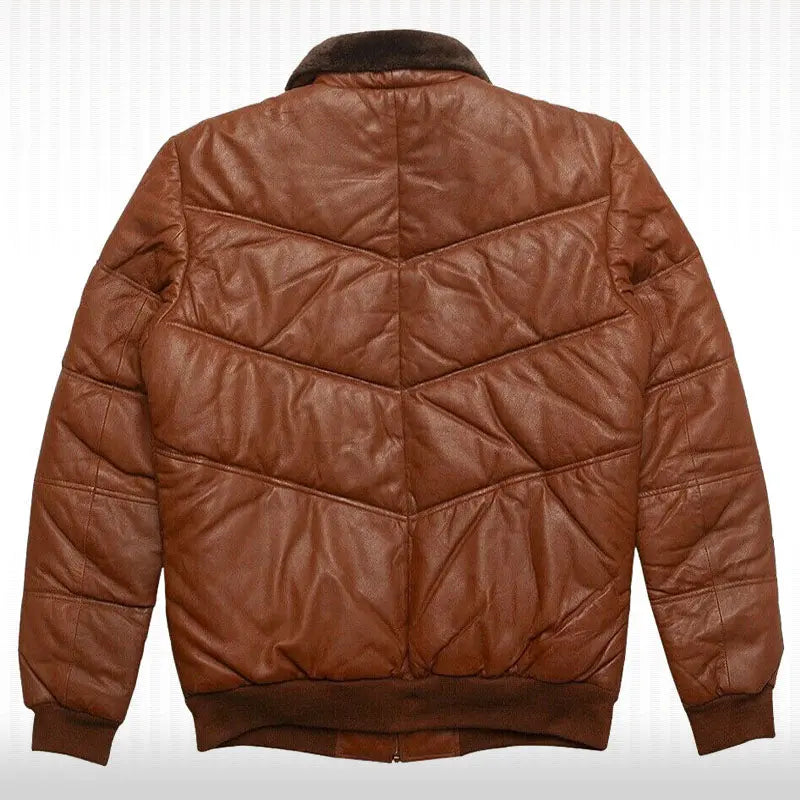 Men's Genuine Lambskin Leather Puffer Jacket with Fox Fur Collar Amsel Leathers