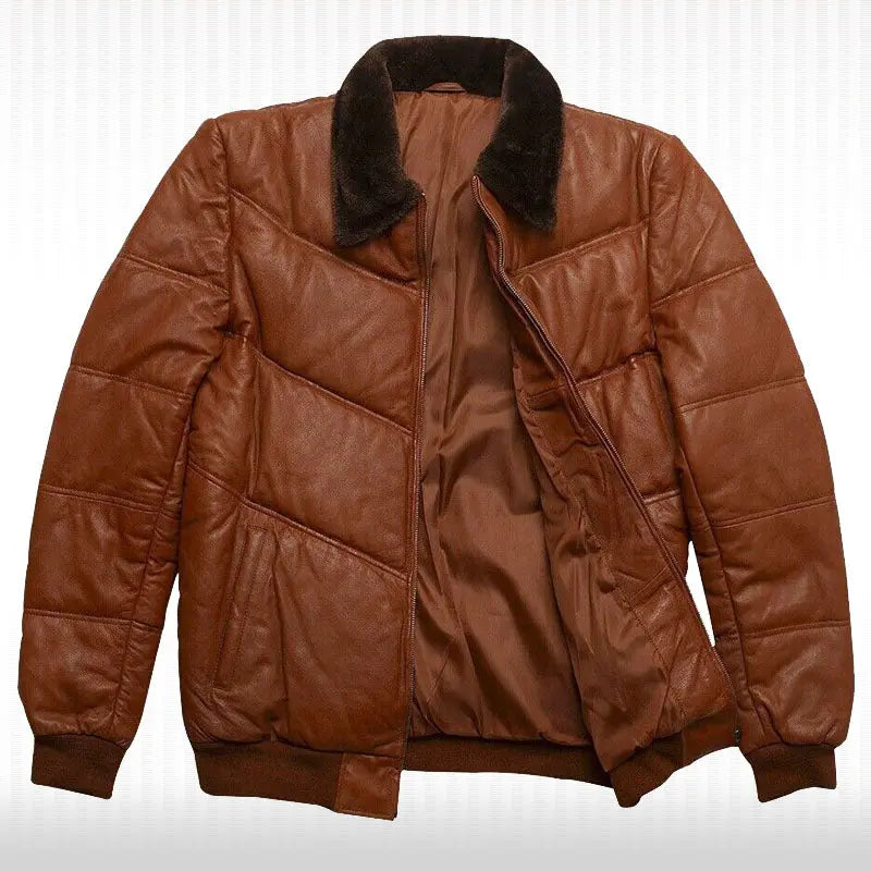 Men's Genuine Lambskin Leather Puffer Jacket with Fox Fur Collar Amsel Leathers