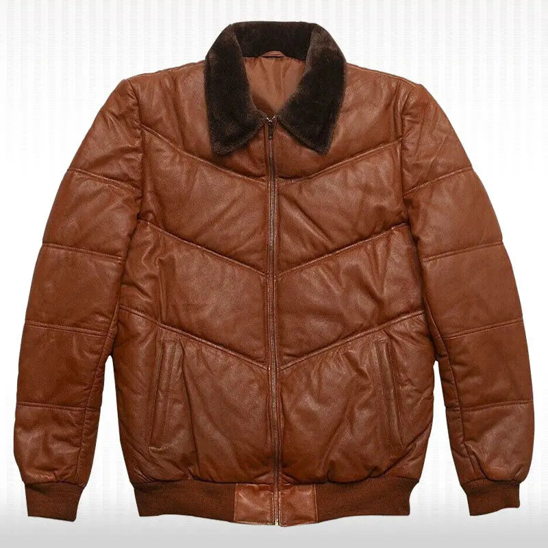 Men's Genuine Lambskin Leather Puffer Jacket with Fox Fur Collar Amsel Leathers