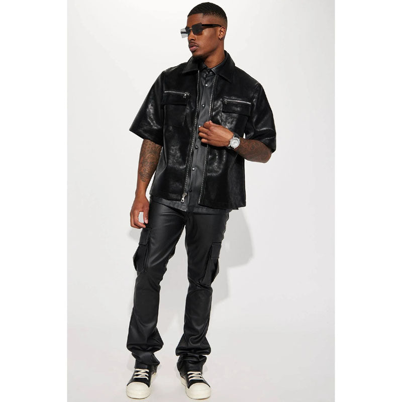 Men's Leather Zip Up Short Sleeve Shirt in Black - AMSEL LEATHERS