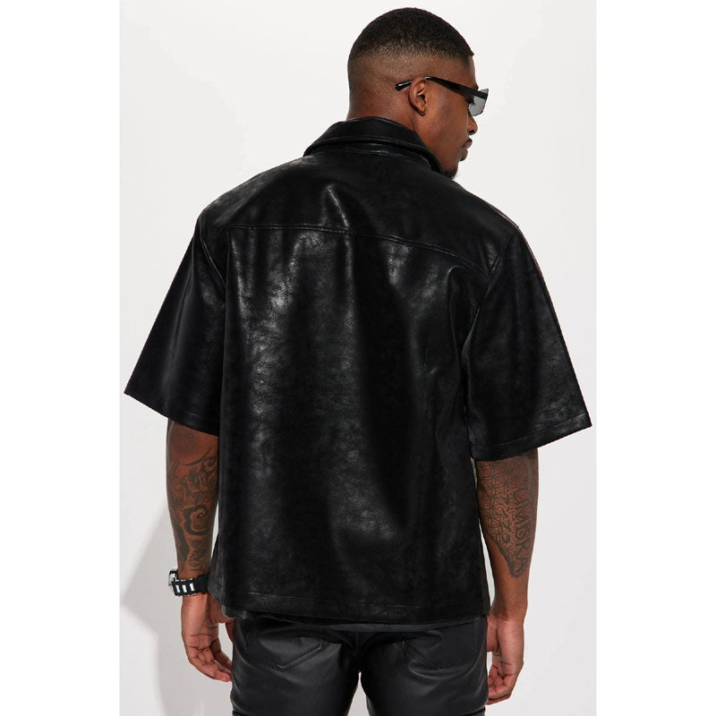 Men's Leather Zip Up Short Sleeve Shirt in Black - AMSEL LEATHERS